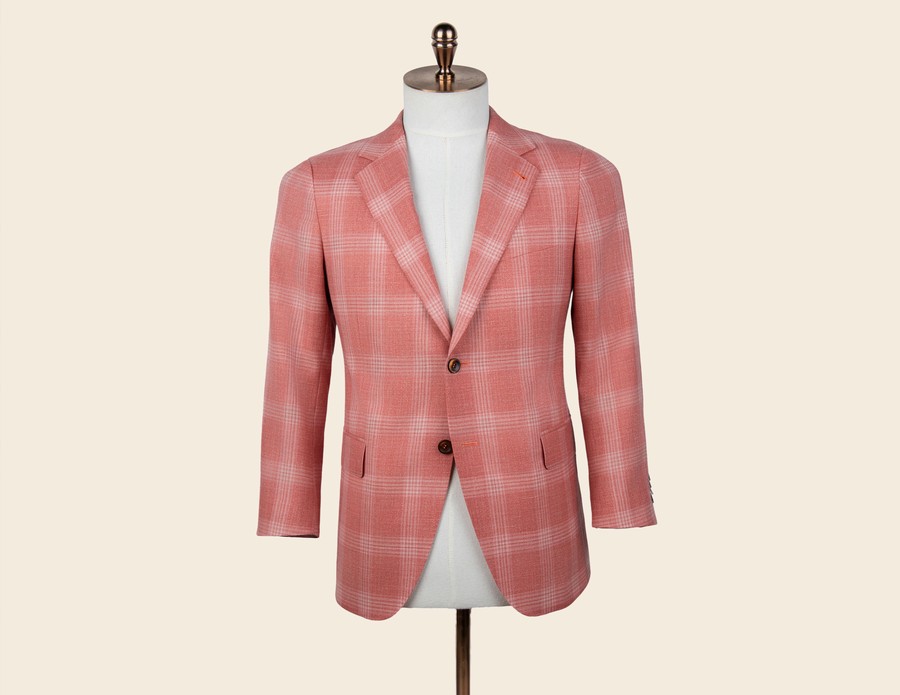 Rose windowpane sport coat, full front view on tailor's stand