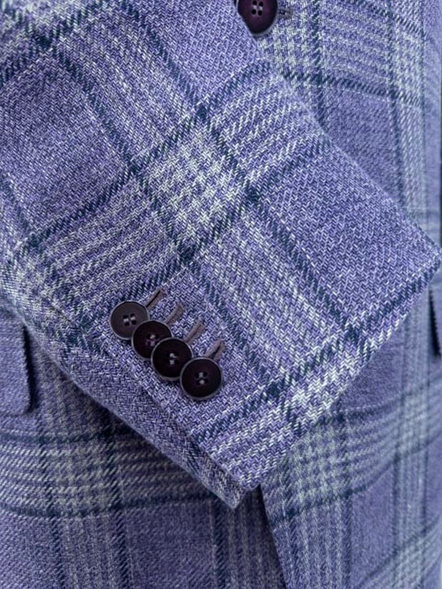 Close-up of sleeve cuff and working buttonholes on lavender plaid jacket